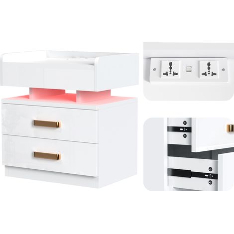 Comodino moderno Haloyo® a 3 cassetti con luci a LED, comodino con multipresa, per soggiorno, camera da letto, 45x35x52, bianco (1/5)