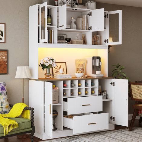 Credenza 120x36.3x180 cm bianca in MDF e metallo con LED, prese integrate, 6 ante, 2 cassetti e portabottiglie (1/5)