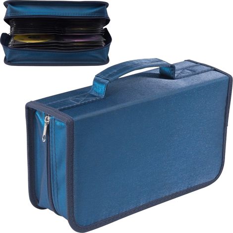 Étui CD, capacité 128 CD/DVD, en tissu mercerisé, avec fermeture éclair, pour un rangement portable et pratique en voiture ou en voyage. (1/5)