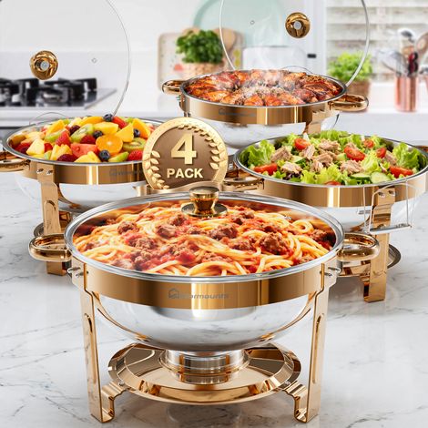 4pcs 5QT Rose Gold Chafing Dishes for Buffet, 4,7L Stainless Steel Round Chafers and Buffet Warmers Sets with Glass Lid & Lid Holder, for Catering Events, Parties