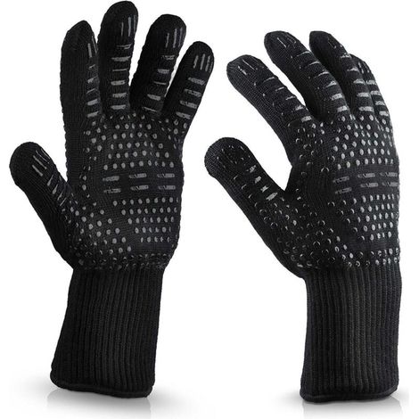 Guantes para barbacoa, resistentes al calor hasta 800 °C, ignífugos, de silicona antideslizante, lavables, para cocinar y hornear (negros).