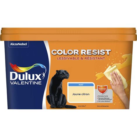Peinture bicouche intérieure Color Resist Murs et Boiseries Mat Jaune Citron 2,5L - Dulux Valentine