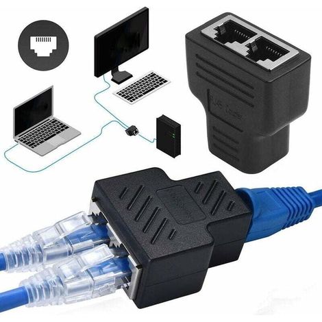 Lot de 2 Adaptateur séparateur Rj45 1 à 2 ports femelle à femelle Connecteurs réseau d'extension Internet Prise en charge du câble Ethernet Cat5 Cat5e Cat6 Cat6e Cat7, noir (1/5)