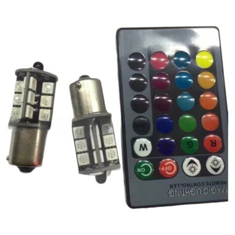 Ampoule LED RGB Ambre Blanc Rouge Multicolore 16 Couleurs Changeantes pour Feux de Freinage, Clignotants, Feux de Recul, Feux Arrière, Stroboscope Lumineux, Kit de Télécommande pour (1/5)