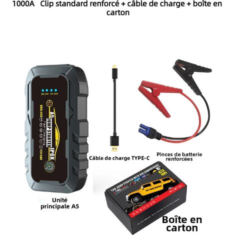 Chargeur, booster et câbles de démarrage12V-Chargeur de batterie-compresseur-Chargeur de batterie Boost-batterie 6000 mAh 1000A avec éclairage LED - pour voitures, motos,boîte en carton (1/5)