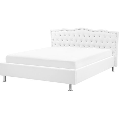 Letto Imbottito Pelle PU Bianca a Doghe Stile Chesterfield 140 x 200 cm Metz