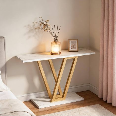 Schmaler Konsolentisch 110 x 30 x 80 cm aus MDF und Metall, Weiß/Gold (1/5)