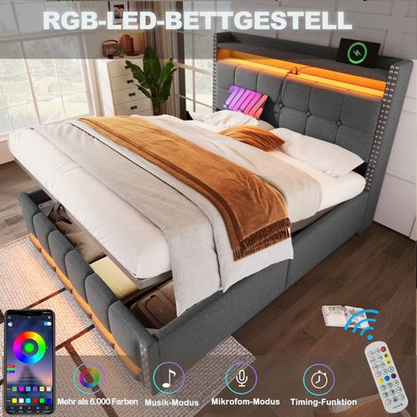 Cama de 140x200 cm, canapé abatible, cama doble adulto con iluminación LED y puerto USB, cama doble adulto tapizada, sistema hidráulico, tapizado de lino, gris