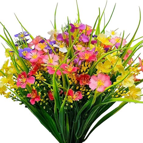 Artificial Outdoor Plants and Flowers 12 Bundles Decorative Faux Silk Flower UV Resistant Plastic Wildflowers Fake Shrubs for for Outside Garden Window Boxes Decoration