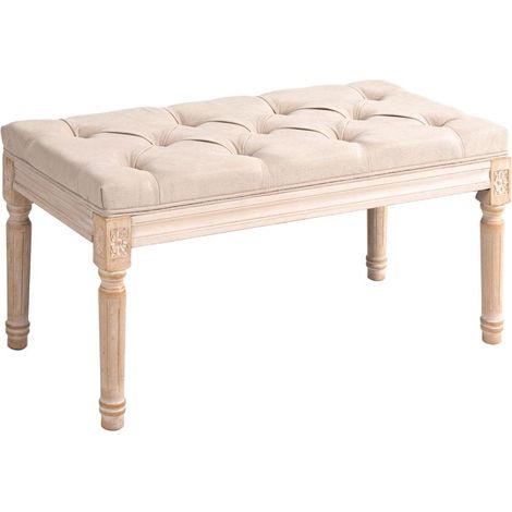 Banc vintage en design rétro avec boutons, pieds tournés, style shabby chic en crème et blanc pour décoration intérieure (1/5)