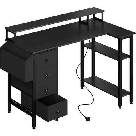 Homevive Escritorio para Ordenador con Estación de Carga Mesa de Computadora con Estante de 2 Niveles Soporte para Monitor 4 Cajones para Oficina en Casa Negro (1/5)