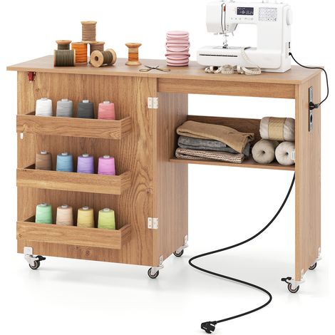 Bureau Pliante avec Station de Charge, Table de Couture Pliable avec Étagère et Tiroirs, Armoire à Roulettes Verrouillables, 116 x 41 x 78 cm, Naturel