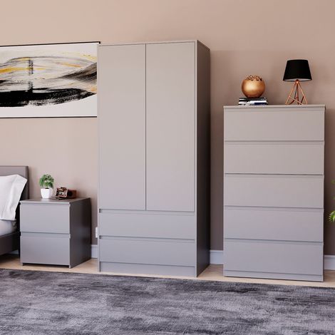 3 Piece Denver Bedroom Set, 2 Drawer Large Bedside Chest, 5 Drawer Chest, 2 Door 2 Drawer Wardrobe, Grey (1/3)