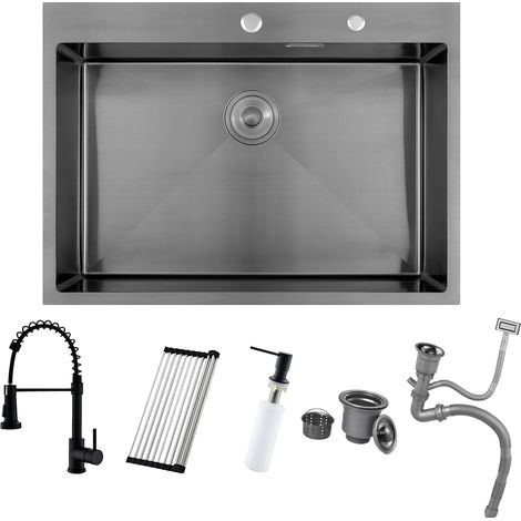 Évier Noir Anthracite 75 X 45 Cm Avec Robinet De Cuisine Extensible Gris Noir, Égouttoir Et Siphon - 1 Bac Carré Encastré Avec 2 Trous (1/5)