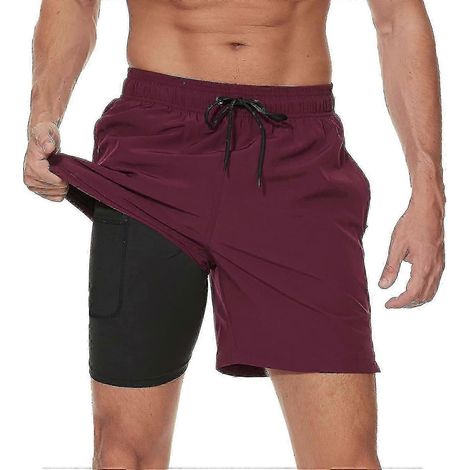 Short de bain homme avec doublure de compression et séchage rapide - Short de plage/surf avec poches zippées pour homme Wine Red-M (1/5)