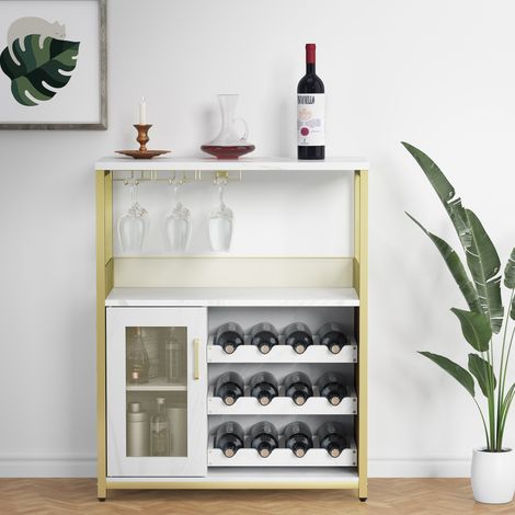 Meuble Bar / Cave à Vin en Bois, Porte-Verres et Casier Amovible, 72x35x90 cm, Doré (1/5)
