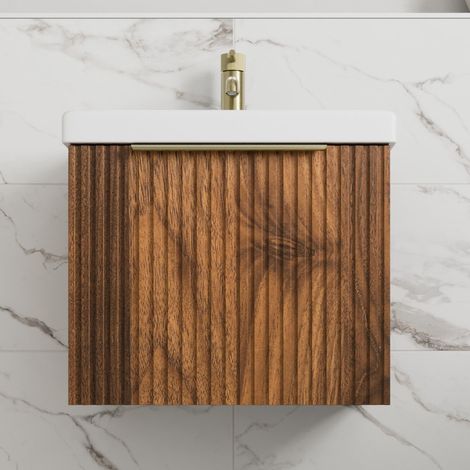 Fluted 500mm Bathroom Vanity Unit Basin Wall Hung Cupboard Soft Close Walnut (1/5)
