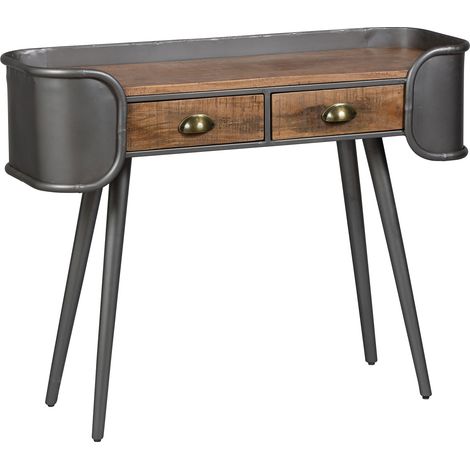 M&S – Console 2 tiroirs 100x35x77 cm en palissandre certifié FSC et acier patiné – Piètement élancé pour décoration vintage