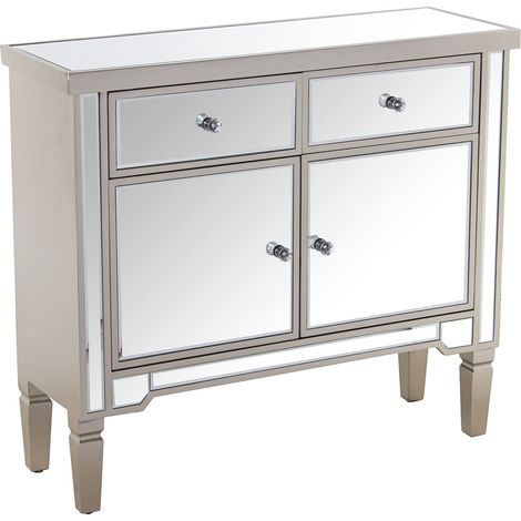 Meuble d'entrée avec 2 tiroirs et 2 Portes en Bois Couleur Champagne et Miroir 90 x 30 x 80 cm, 90x30x80cm (1/4)