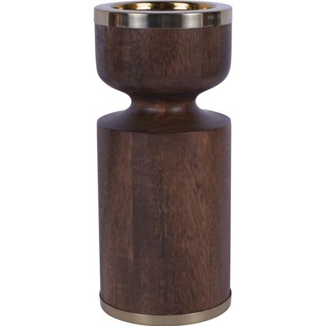 Amalfi Wooden Pillar Holder - Stainless Steel/Mango Wood - L10.5 x W10.5 x H23 cm - Gold/Brown