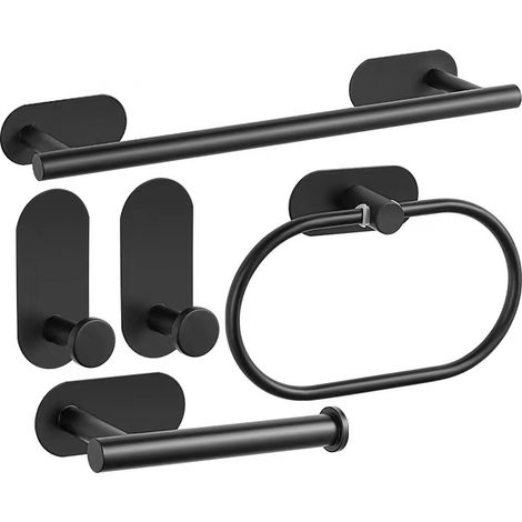 Badezimmer-Accessoire-Set aus Edelstahl (ohne Bohren): Handtuchhalter, Abfalleimer, Handtuchstange und Kleiderhaken, matt schwarz und silber, selbstklebend (1/2)