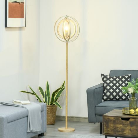 Runde Stehlampe, max. 40 W. Lampenschirm aus hellem Naturholz, Maße: Ø 38 x 160 cm