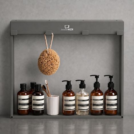 ShowerNIZR® Mensola doccia Granite Grey - Mensola doccia senza foratura da appendere alla parete in vetro in acciaio inox con 4 ganci (1/5)