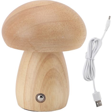 Ortviai Lampe d'appoint en bois forme de champignon, rechargeable USB, tactile et dimmable – couleur bois naturel