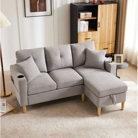 Sofá chaise longue 175x129x90 cm gris claro en algodón y lino con almacenaje y portavasos (1/5)