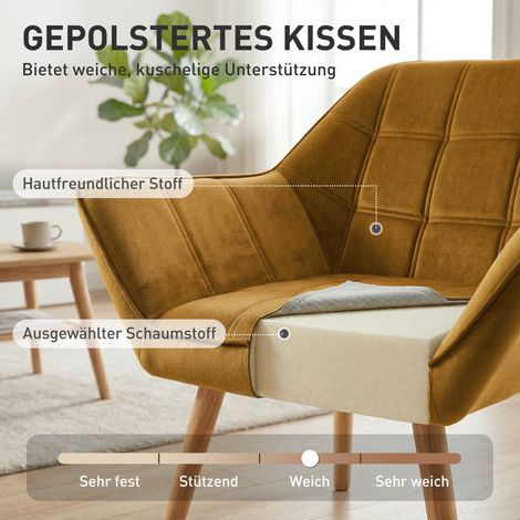 Fauteuil rembourré, fauteuil d'appoint, style scandinave, aspect velours, jusqu'à 120 kg, pieds en bois d'hévéa, Jaune (1/5)