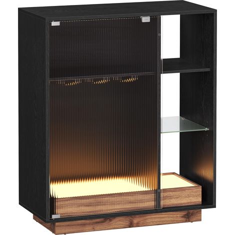 VASAGLE Mobiletto Bar con Illuminazione, Credenza con Luce LED e Spazio per Vino, Angolo Bar per Liquore, con Porta Calici, Anta in Vetro Scanalato, per Salotto, Nero Ebano BBK361B21 (1/5)