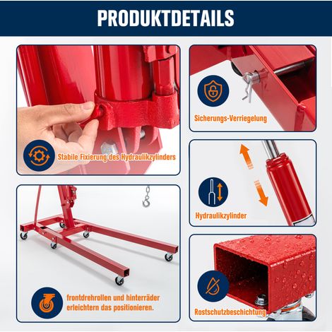 Palonnier hydraulique pliable 2 tonnes avec bras télescopique 4 positions, roulettes 360°, acier peint, levage 30-230 cm, rouge (1/5)