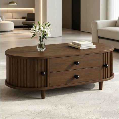 Mesa de centro de MDF y madera, 100x50x36 cm, nogal, con puertas correderas y 2 cajones (1/5)