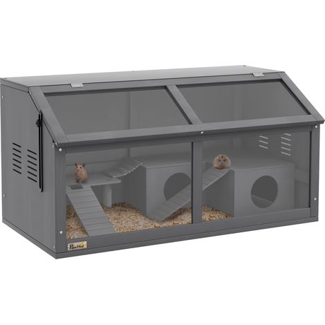 Hamsterkäfig. Kleintierkäfig aus Holz. Hängebrücke. Leitern. Hütte. 84 x 45 x 44 cm. für Zwerghamster. Grau (1/4)