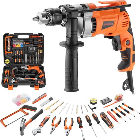 Dewinner – Perceuse à percussion filaire 910W 0-3000 tr/min – Moteur puissant pour béton, métal et bois – Mandrin 13 mm – 115 pièces incluses (1/5)