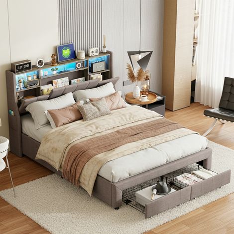 Lit 160x200 cm, 2 tiroirs en pied de lit, éclairage LED, fonction de charge USB, poches latérales, Compartiment de rangement de chevet, lin, sommier à lattes - Gris