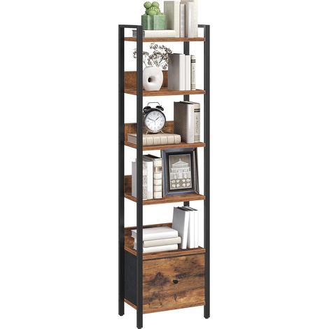 Bibliothèque, Étagère de Rangement à 6 Niveaux, avec Tiroir Amovible, Étagère à Livres sur Pieds pour Petits Espaces, Meuble de Rangement, pour Salon, Chambre, Bureau, Marron (1/5)