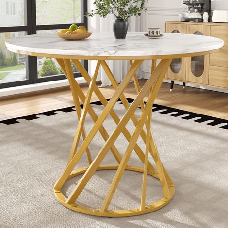 Mesa de comedor redonda 80/80/76 cm blanca y dorada, tablero de MDF y patas metálicas (1/5)