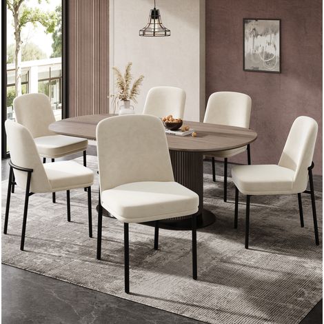 Set di 6 sedie da pranzo in velluto beige con seduta spessa, gambe in metallo nero, stile minimalista (1/5)