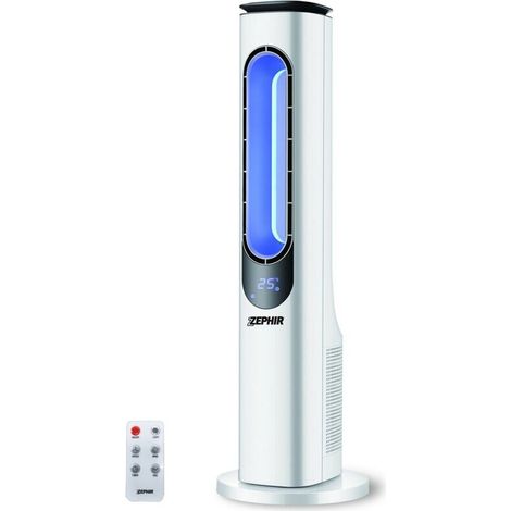 Ventilateur colonne sans pales blanc 3 vitesses oscillation 70° télécommande minuterie 15h affichage LED design moderne