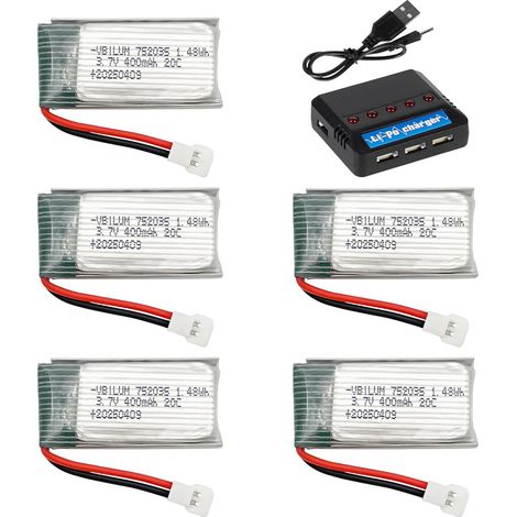 3,7 V 400 mAh Lipo-Batterie 20 C avec connecteur Molex pour avions RC, mini-drones, quadricoptères, modèles d'avions, batterie avec chargeur 5 en 1 (lot de 5)