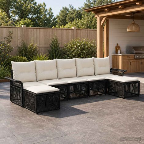 Salon de jardin 7 places modulable en polyrotin noir, coussins lavables - PANGIVO (1/5)