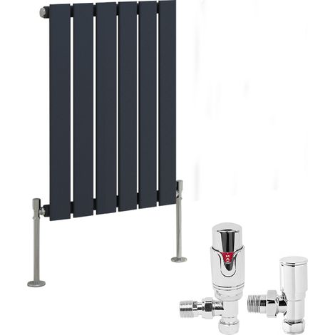 Anthracite Designer Flat Panel Radiator + Thermostatic TRV Radiator Valves Chrome Angled Horizontal 600x408mm Single (1/3)