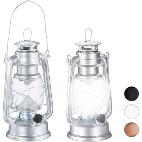 Set of 2 Relaxdays LED Storm Lamps, Retro Lantern as Window Decoration or for the Garden, Battery Powered, Silver