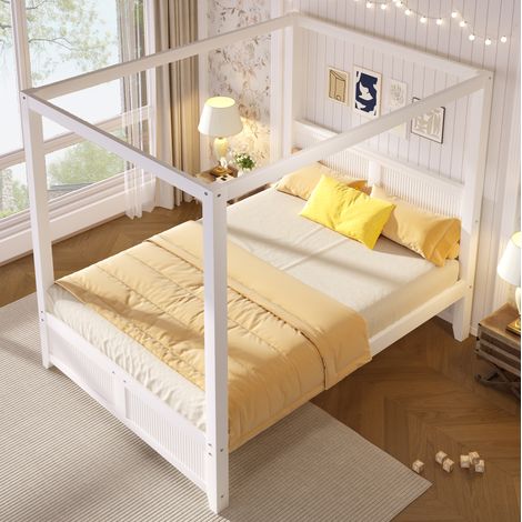 Himmelbett 140x200 cm Weiß aus Massivholz und MDF mit Dachrahmen und Lamellen-Optik (1/5)