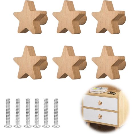 Lot de 6 boutons de placard en bois de hêtre en forme d'étoile avec vis et tube d'extension (1/5)