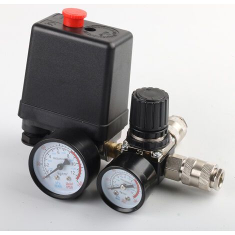 Soupape de commande de pressostat de compresseur d'air, régulateur de pression 90-120PSI avec ensemble de raccords de manomètres (1/4)