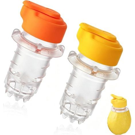 Juego de 2 exprimidores de lima, pequeños exprimidores manuales de cítricos con boquilla, amarillo y naranja, aptos para limones, mandarinas y naranjas. (1/5)