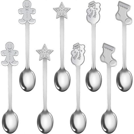 Ensemble de 8 cuillères à thé de Noël en acier inoxydable Aodaer, motif bonhomme de neige, étoile et bonhomme en pain d'épice. Idéal comme cadeau de Noël. (1/5)