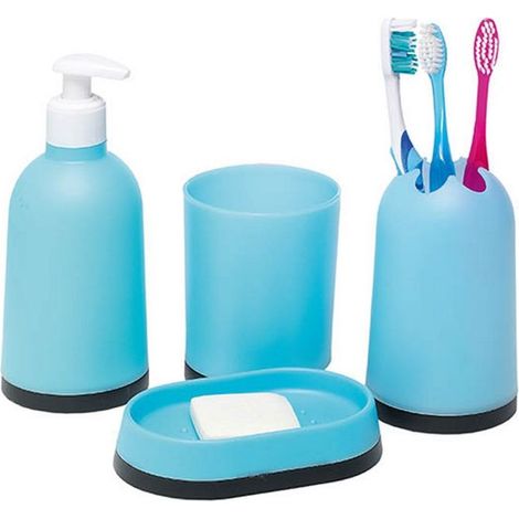 Set 4 Pezzi Accessori Arredo Bagno Toilette In Plastica Colore Celeste